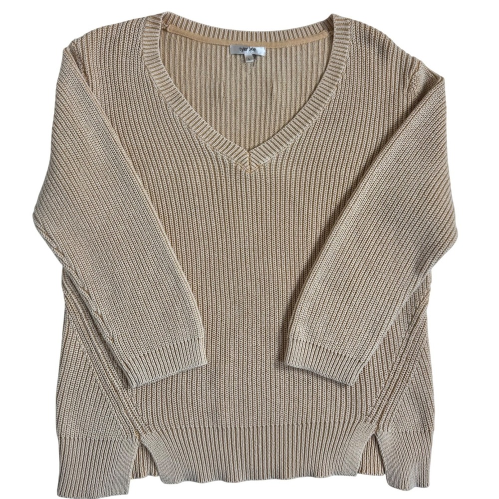 TYLER BOE Cotton V Neck Ribbed Knit Sweater Womens L Beige 3/4 Sleeve Split Hem